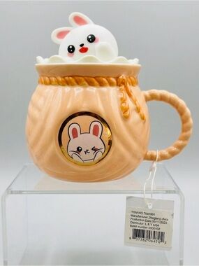 Cute Bunny Ceramic Mug with Lid Lucky Fortune Bag Peach Orange Kawaii NWT 5”